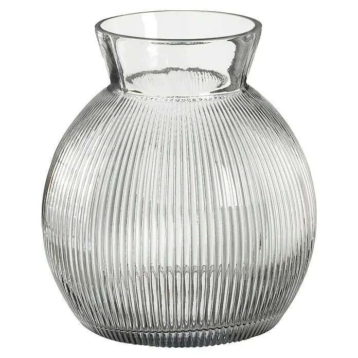 Jarrón Santos - Ø x Al: 15 x 16 cm, Vidrio, Transparente - Un elegante jarrón de vidrio acanalado, con forma abombada y cuello claro y ancho, ideal para arreglos florales.