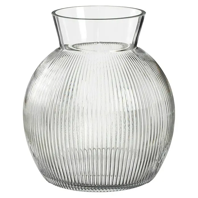 Jarrón Santos - Ø x Al: 20 x 21,5 cm, Vidrio, Transparente - Primer plano de un jarrón de vidrio transparente con estrías verticales y cuello ancho, ideal como decoración o para arreglos florales.
