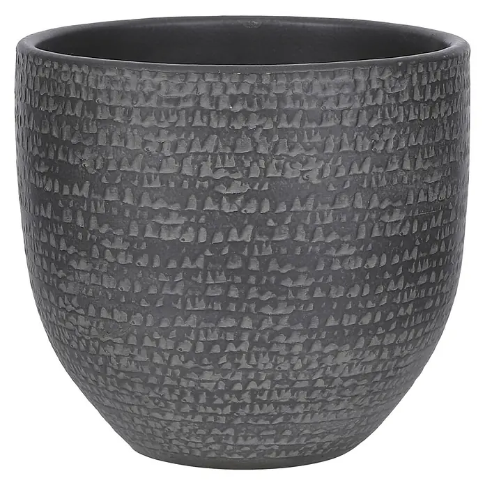 Mica Decorations Cubremaceta redondo Carrie - Dimensiones externas (Ø x Al): 20 x 18 cm, Negro, Materiales naturales - Maceta de color gris oscuro y textura. La maceta tiene una forma redondeada con una superficie táctil y texturizada, brindando una estética moderna.