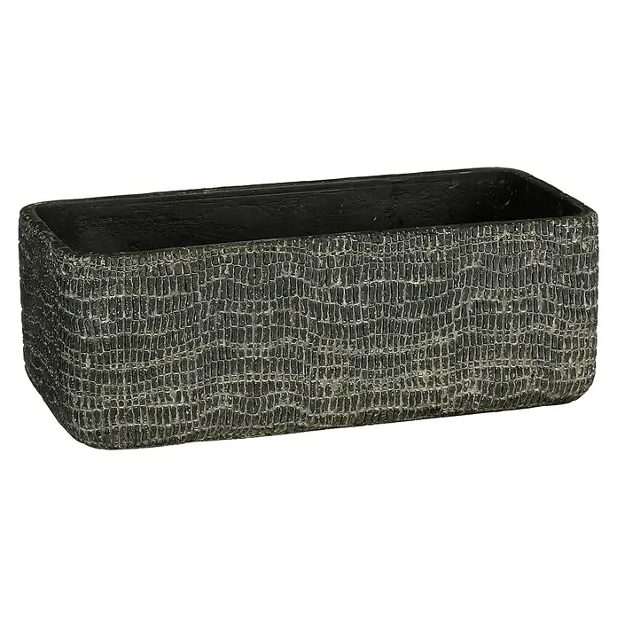 Macetero para plantas Siria - Dimensiones externas (L x An x Al): 28 x 14 x 10 cm, Hormigón, Antracita - Jardinera rectangular de piedra oscura con una superficie rugosa y texturizada. Ideal para uso interior y exterior.