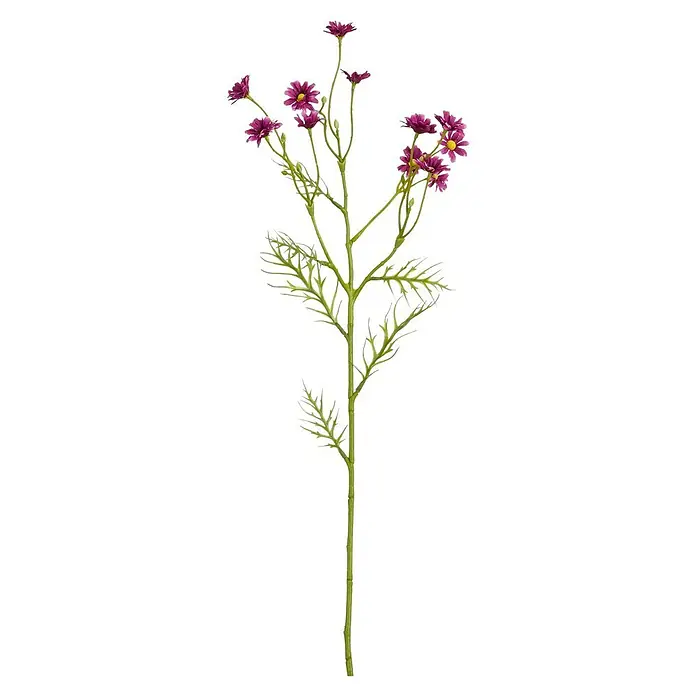 Planta artificial Margarita - Altura: 71 cm, Color de flor: Fucsia, Plástico - Tallo verde artificial con varias flores moradas y centros amarillos, ideal para decoración.