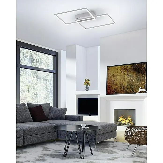 Just Light LED-Deckenleuchte Iven - 15,5 W, L x B x H: 50 x 42 x 7 cm, Stahl, Warmweiß - Moderne Wohnzimmeransicht mit stilvoller, rechteckiger LED-Deckenleuchte, die ein helles und einladendes Ambiente schafft.