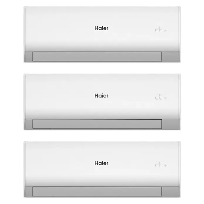 Haier Aire acondicionado Inverter 3x1 Tide-R - 3.800 W, 3.400 W, 20 m² - 30 m², Blanco - La imagen muestra tres aires acondicionados Haier con un diseño elegante, ideales para interiores modernos y refrigeración eficiente.