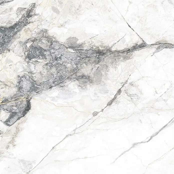 Feinsteinzeugfliese Marble Visage - 60 x 120 cm, Weiß/Grau, Glänzend - Weiße und graue Marmoroberfläche mit dunklen Äderungen und subtilen goldenen Akzenten.