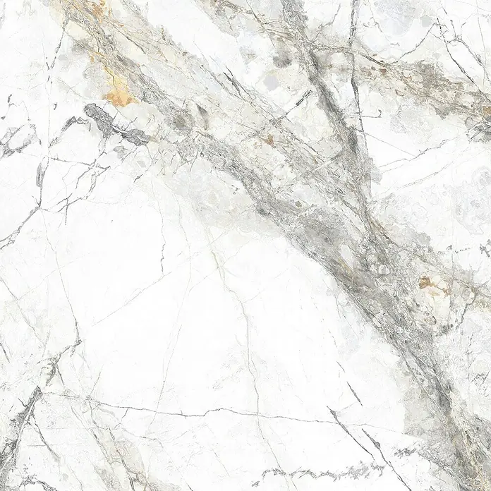 Feinsteinzeugfliese Marble Visage - 60 x 60 cm, Weiß/Grau, Glänzend - Weißer Marmor mit eleganter grauer und goldener Äderung, ideal für luxuriöse Oberflächen.
