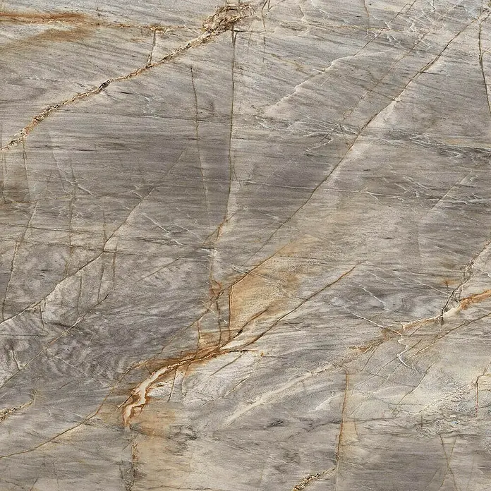 Feinsteinzeugfliese Theodis - L x B: 60 x 120 cm, Beige/Grau, Glänzend - Polierte grau-braune Marmorplatte mit ausgeprägten goldbraunen und weißen Adern, geeignet für moderne Innenflächen.