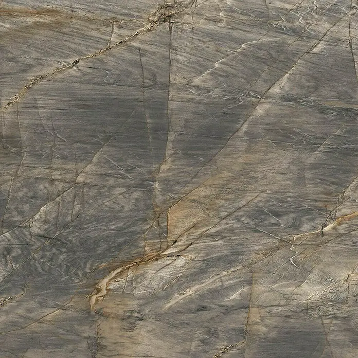 Feinsteinzeugfliese Theodis - L x B: 60 x 120 cm, Grau/Braun/Beige, Glänzend - Dunkelgraue Steinplatte mit auffälligen hellgrauen und goldbraunen Äderungen.