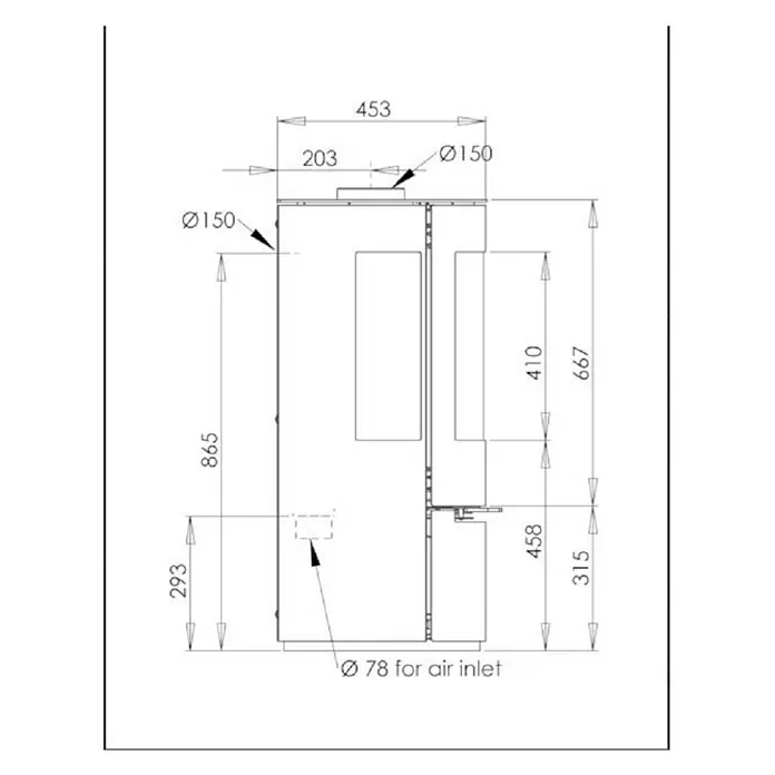 Aduro Kaminofen 17 - 7 kW, Raumheizvermögen: 350 m³, Material Verkleidung: Stahl, Schwarz - Produktskizze eines Ofens mit Maßangaben.