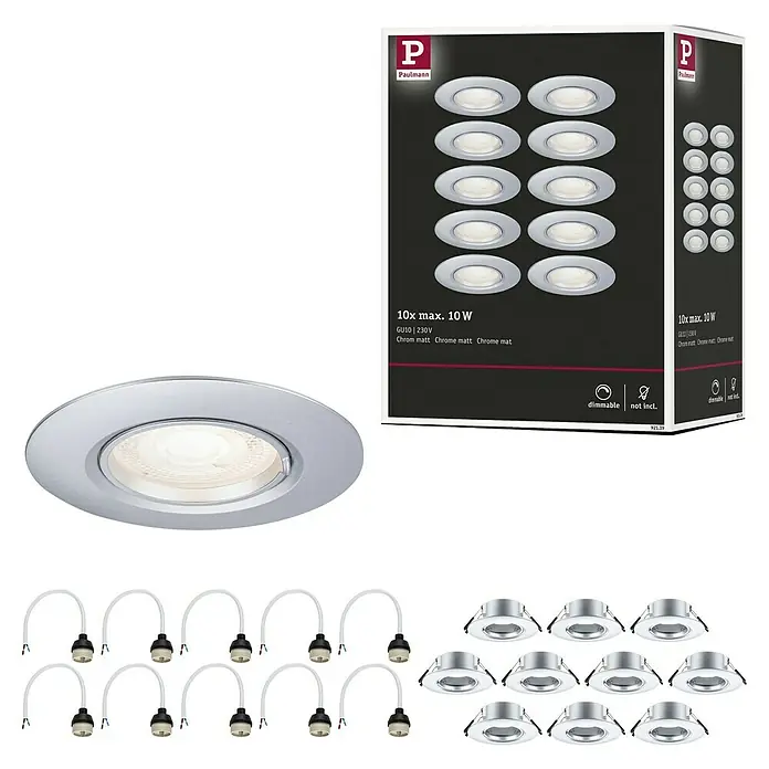 Paulmann Einbauleuchte - 9 cm, Chrom, 10 Stk., Starr - Produktansicht: Set mit zehn Paulmann Chrom-Matt Einbaustrahlern, GU10, 230V, dimmbar, ideal für Wohnraumbeleuchtung.