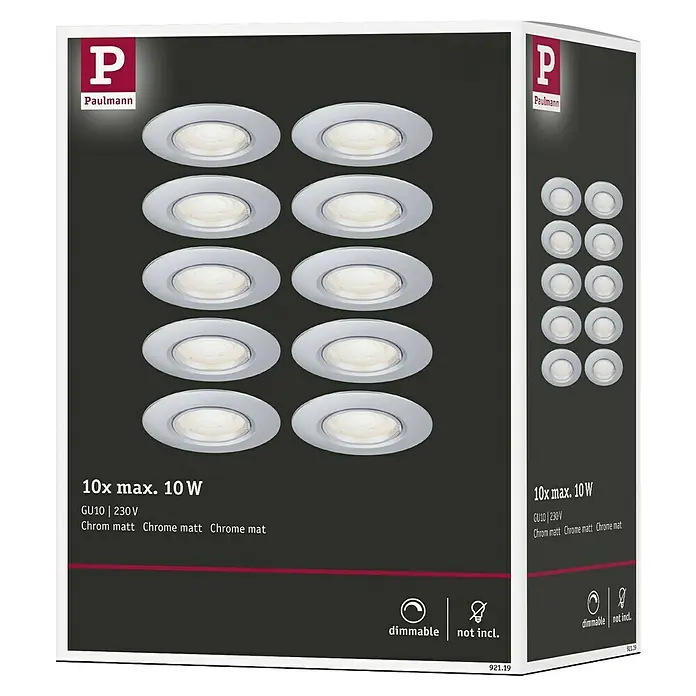 Paulmann Einbauleuchte - 9 cm, Chrom, 10 Stk., Starr - Verpackung mit 10 Paulmann GU10 230V Chrom matt Einbauspots, dimmbar, Leuchtmittel nicht enthalten, für eine stilvolle Beleuchtung.