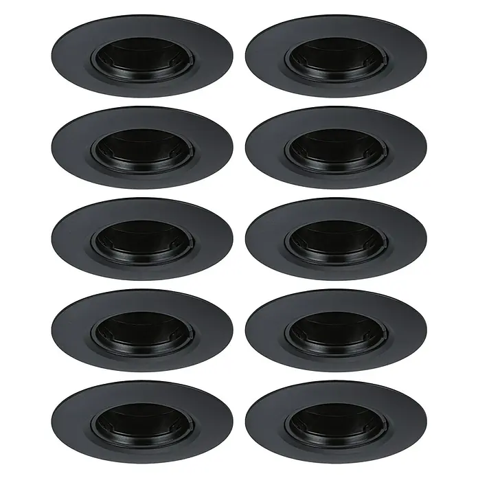 Paulmann Einbauleuchte - 9 cm, Schwarz, 10 Stk., Starr - Schwarze Downlights in kreisförmiger Anordnung. Die Leuchten sind modern und minimalistisch gestaltet.