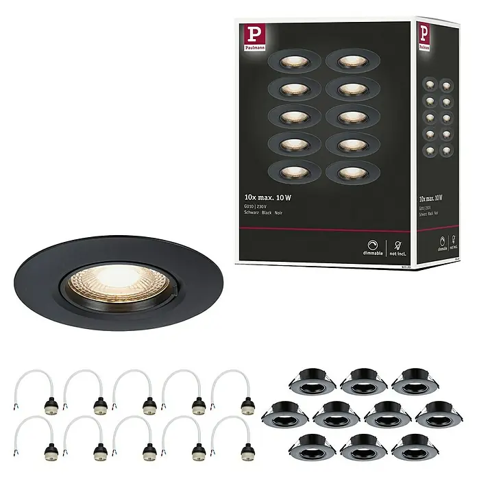 Paulmann Einbauleuchte - 9 cm, Schwarz, 10 Stk., Starr - Produktansicht eines Paulmann Einbaustrahler-Sets mit 10 schwarzen Strahlern, ideal für die Innenraumbeleuchtung.