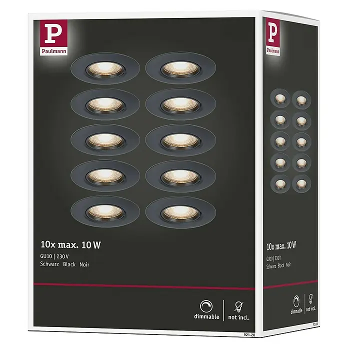 Paulmann Einbauleuchte - 9 cm, Schwarz, 10 Stk., Starr - Bild einer Verpackung von Paulmann Einbaustrahlern. Enthält 10 Stück mit je maximal 10W, GU10, 230V in Schwarz. Dimmbar, Leuchtmittel nicht enthalten.