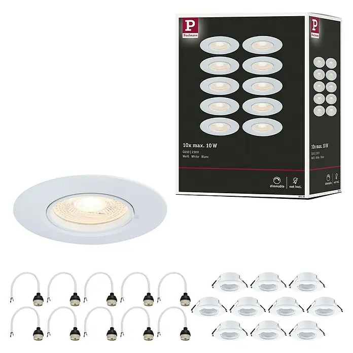 Paulmann Einbauleuchte - 9 cm, Weiß, 10 Stk., Starr - Ein weißer Paulmann Einbaustrahler mit dazugehöriger Verpackung und Zubehör für die Installation.