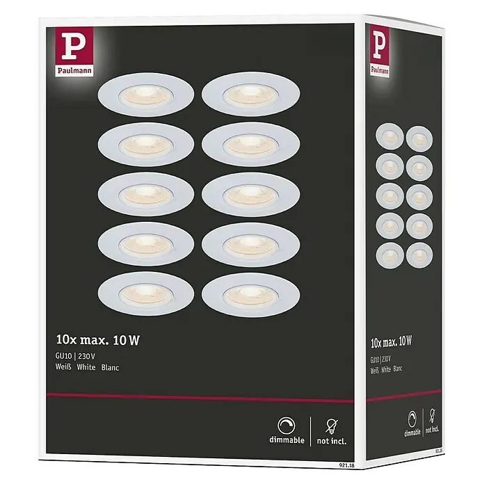 Paulmann Einbauleuchte - 9 cm, Weiß, 10 Stk., Starr - Eine Packung Paulmann Einbaustrahler mit 10 weißen Strahlern, dimmbar, ohne Leuchtmittel, ideal für eine moderne Beleuchtungslösung.