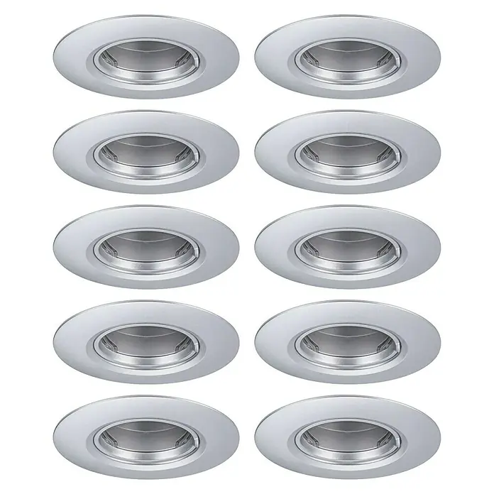 Paulmann Einbauleuchte - 9 cm, Chrom, 10 Stk., Starr - Nahaufnahme von zehn runden, silbernen LED-Einbaustrahlern, die auf einem schwarzen Hintergrund in Reihen angeordnet sind.