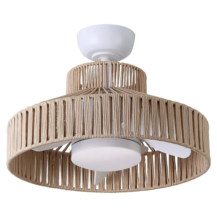 Sulion Ventilador de techo Windsor - Marrón, 51 cm, 18 W, Blanco cálido - Primer plano de un ventilador de techo con una pantalla de cuerda beige, creando un ambiente acogedor y elegante.