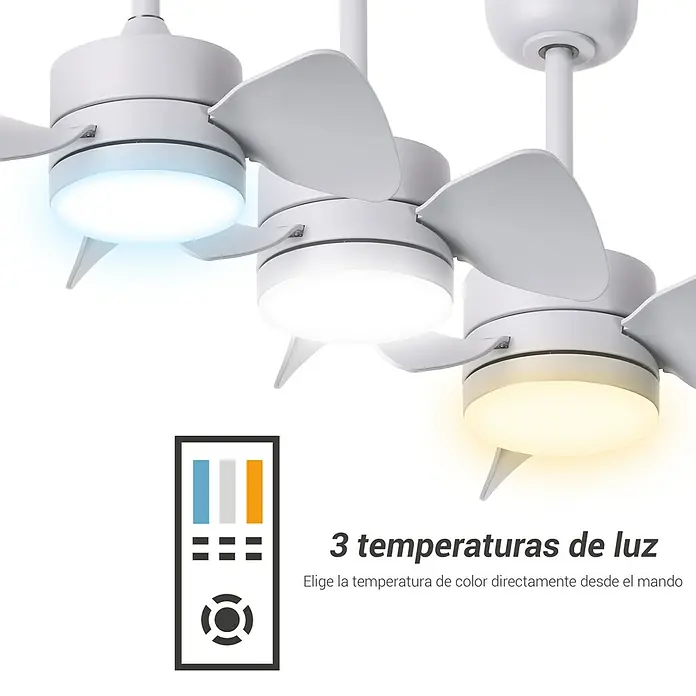 Sulion Ventilador de techo Windsor - Marrón, 51 cm, 18 W, Blanco cálido - Primer plano de un ventilador de techo blanco con temperaturas de color ajustables, mostradas en tres variantes de iluminación.