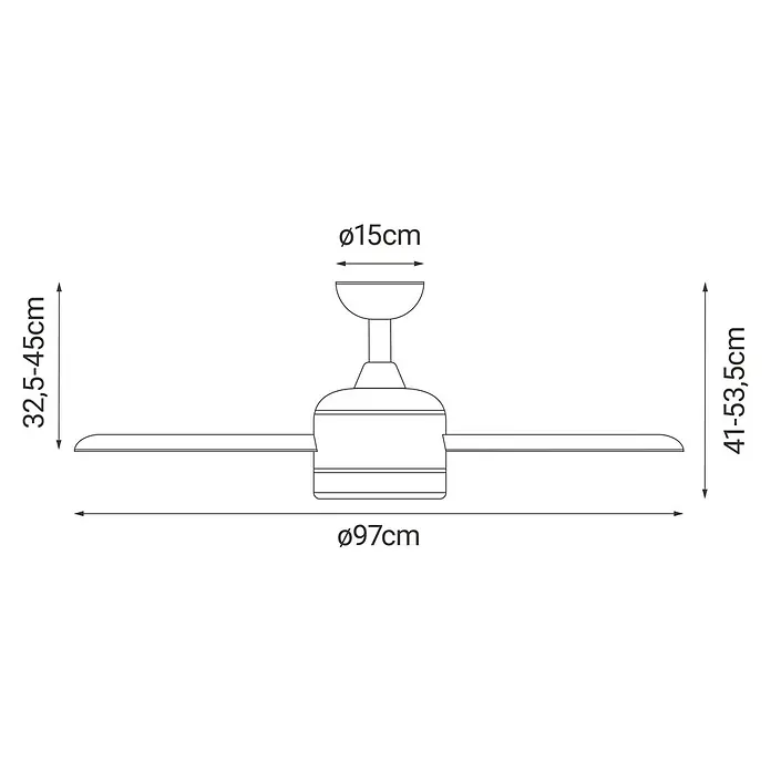 Sulion Ventilador de techo Luca - Blanco, 97 cm, 24 W, RGB - Dibujo técnico de un ventilador de techo que muestra las dimensiones Ø97cm, Ø15cm, 32.5-45cm y 41-53.5cm.