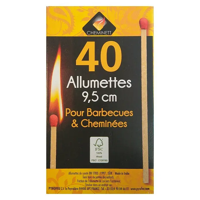 Fósforos largos - 40 ud., Fuego para chimenea y barbacoa - Caja de cerillas "Cheminett" con 40 cerillas de 9,5 cm, ideal para barbacoas y chimeneas. Encendido seguro y fiable.