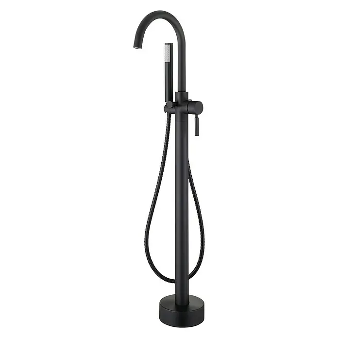 Rousseau Grifo para bañera Ilo - Altura: 97,3 cm, Nero - Elegante grifo de bañera exento negro mate con teleducha para baños modernos.