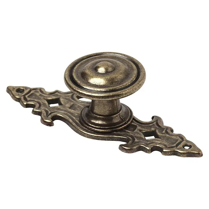 Rei Tirador para muebles - L x An x Al: 85 x 30 x 26 mm, Cuero viejo - Tirador de cajón de latón antiguo ornamentado con pomo redondo.