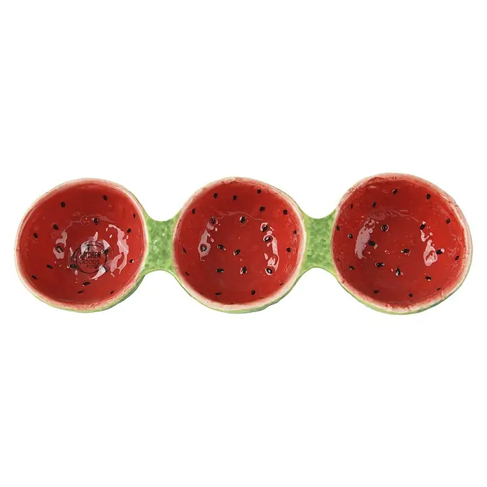 Bol Sandía - L x An x Al: 28 x 8 x 4 cm, Redonda, Verde/Rojo - Bol triple con diseño de sandía, ideal para aperitivos o condimentos, añadiendo un toque veraniego a tu mesa.