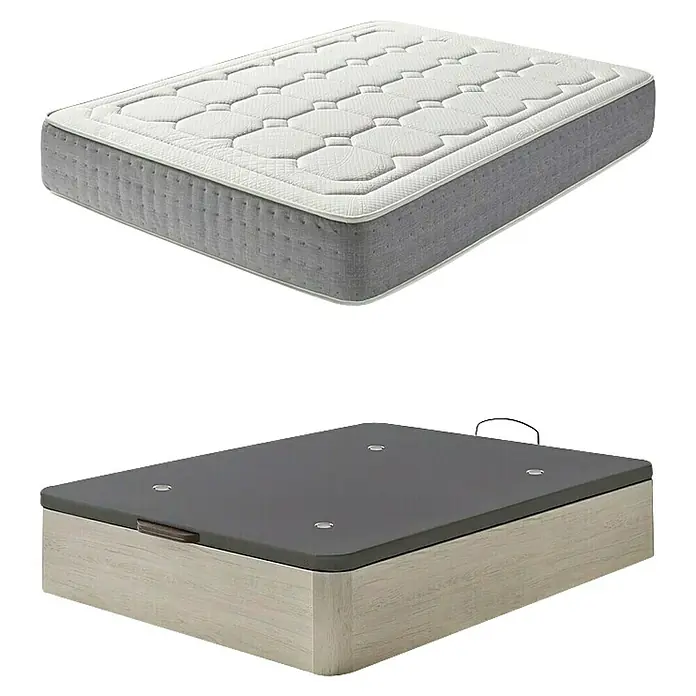 Unique Canapé Plus con colchón Supper - L x An x Al: 190 x 90 x 36 cm, Roble Ártico - La imagen muestra una cama moderna con un colchón gris y una base de madera elegante, perfecta para una experiencia de sueño confortable.