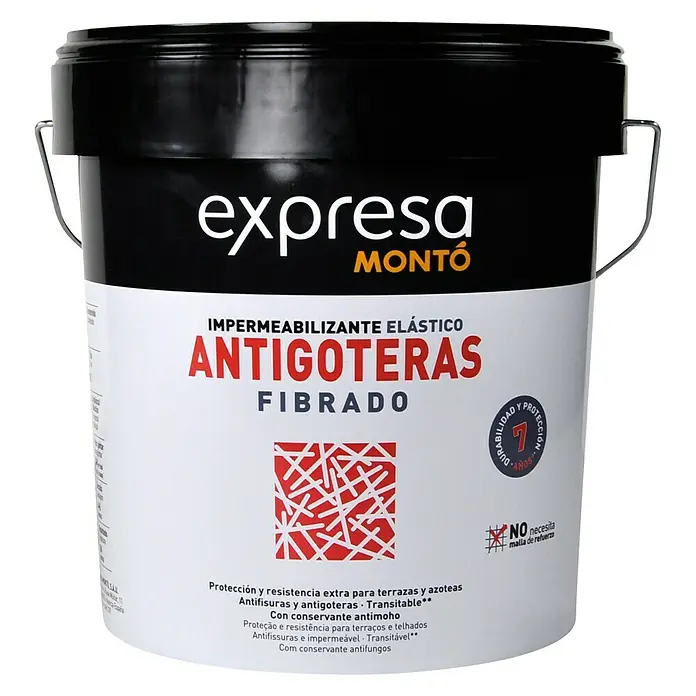 Montó Bricolovers Impermeabilizante Antigoteras Fibrado - Blanco, 12 l, Mate sedoso - Cubo negro de Montó Expresa Antigoteras Fibrado, una impermeabilización elástica con fibras para terrazas y tejados.