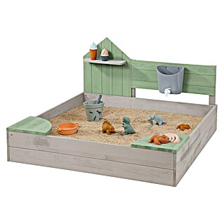 Muddy Buddy Sandkasten Cozy House (100 x 100 x 60 cm, Holz, Warmgrau/ Eukalyptus)