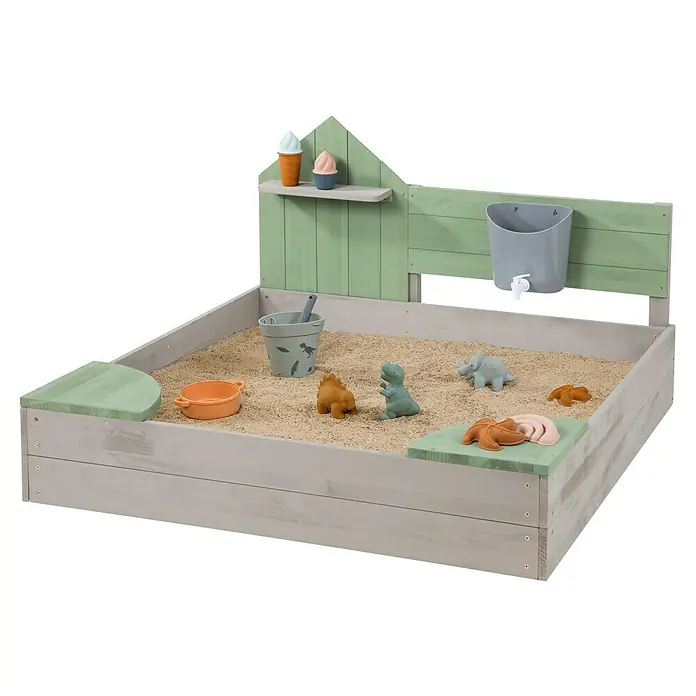 Muddy Buddy Sandkasten Cozy House - 100 x 100 x 60 cm, Holz, Warmgrau/ Eukalyptus - Ein bezaubernder Sandkasten mit Spielzeug, der stundenlangen kreativen Spaß im Freien verspricht.