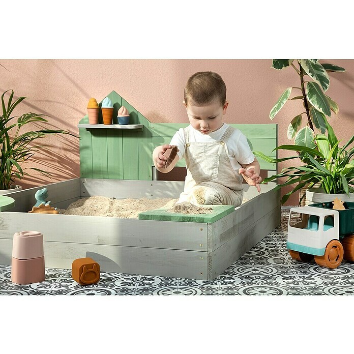 Muddy Buddy Sandkasten Cozy House (100 x 100 x 60 cm, Holz, Warmgrau/ Eukalyptus) | BAUHAUS