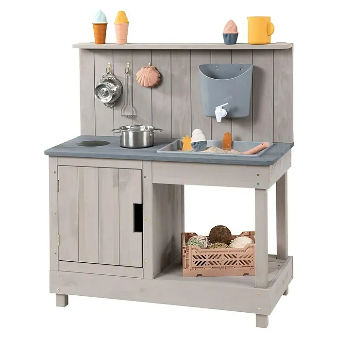 Muddy Buddy Matschküche Mud Expert - 80 x 40 x 90 cm, Holz, Warmgrau - Ein detailreicher Kinderküche mit Spüle, Herd und Zubehör für fantasievolles Spielen im Freien.