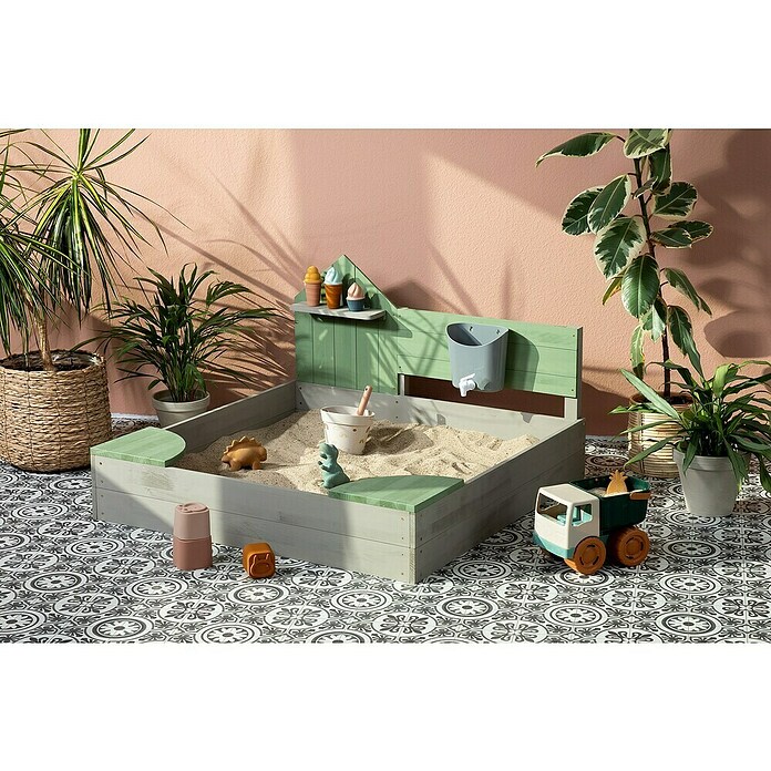 Muddy Buddy Sandkasten Cozy House (100 x 100 x 60 cm, Holz, Warmgrau/ Eukalyptus) | BAUHAUS