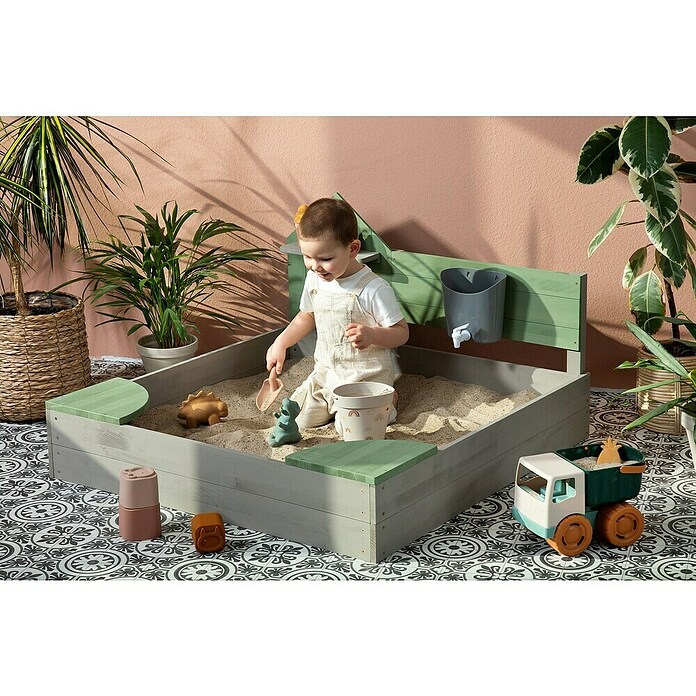Muddy Buddy Sandkasten Cozy House (100 x 100 x 60 cm, Holz, Warmgrau/ Eukalyptus) | BAUHAUS