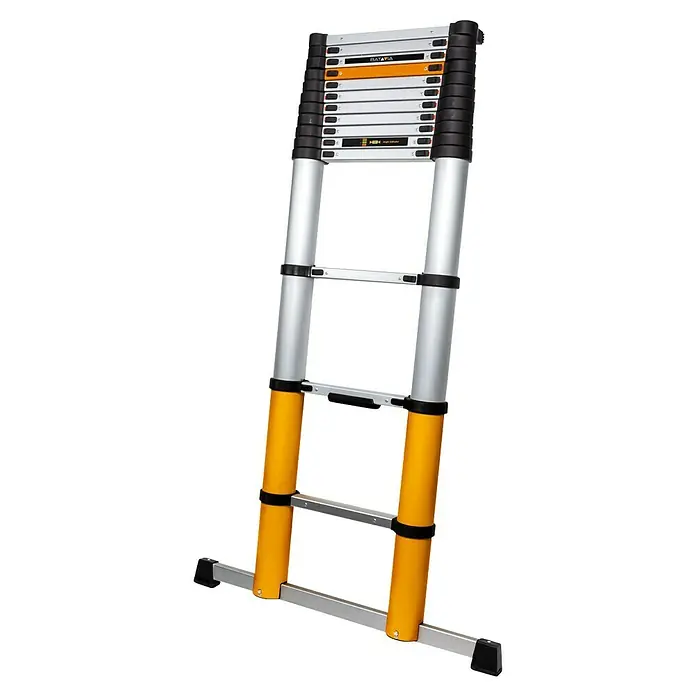Batavia Teleskopleiter - Anzahl Tritte: 14 Stk., Arbeitshöhe: 515 cm, Belastbarkeit: 150 kg, Aluminium - Silber-gelbe Teleskopleiter mit schwarzen Akzenten, kompakt und ausziehbar.