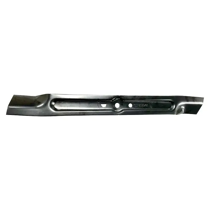 Ersatzmesser für Rasenmäher - Hurricane Elektro-Rasenmäher HERM-I-1743 - Dunkles Metall-Rasenmähermesser mit Befestigungslöchern und geprägter Produkt-ID.