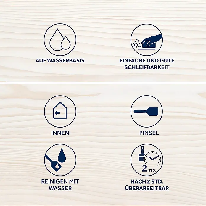 Bondex Schnellschleif-Grundierung - Farblos, 250 ml - Symbole für wasserbasiert, leicht schleifbar, Innenanwendung, Pinsel, Reinigung mit Wasser und Überarbeitbarkeit nach 2 Stunden.