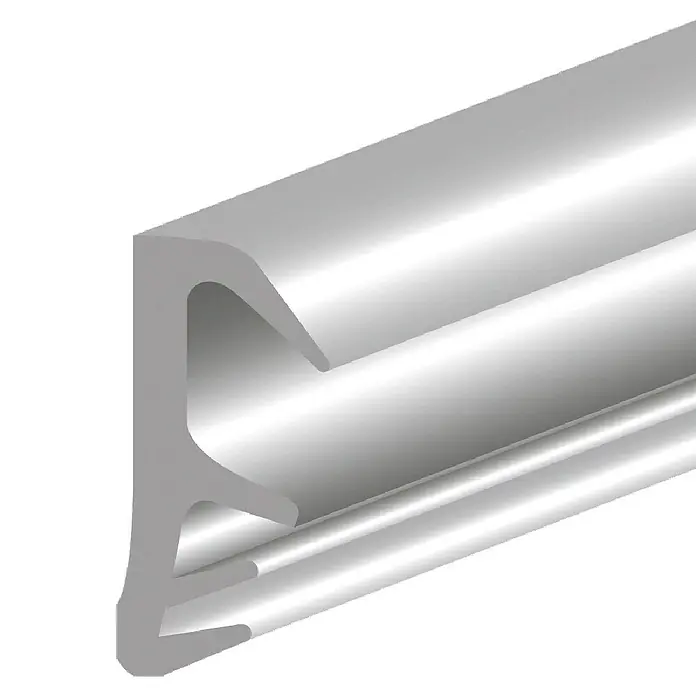 Solid Elements Fensterdichtung - Schwarz, 5 m, Passend für: Holzfenster und -türen - Das Bild zeigt ein detailliertes Profil einer silbernen Aluminiumleiste, die für verschiedene Bau- und Dekorationszwecke geeignet ist.