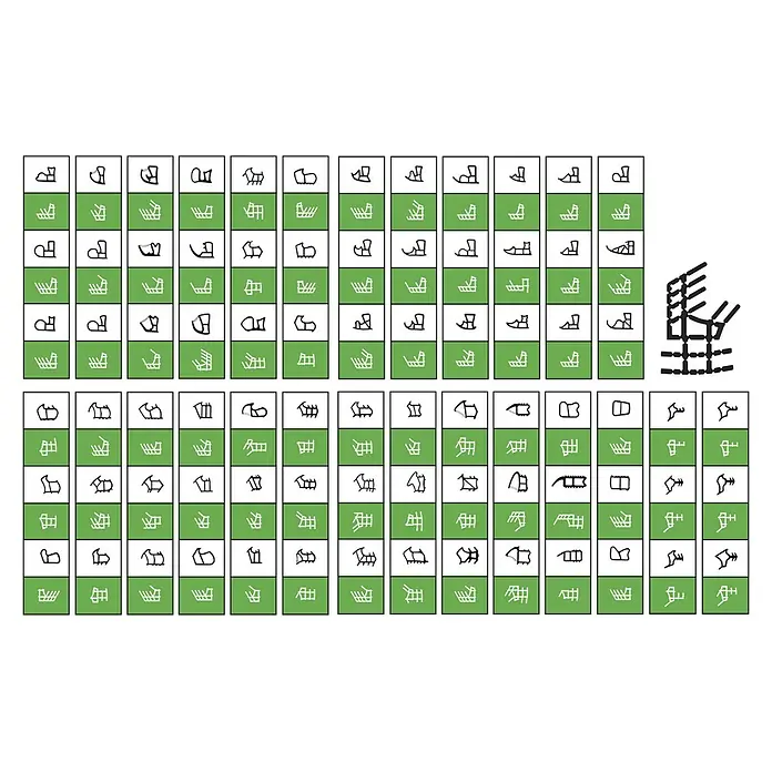 Solid Elements Universaldichtung - Schwarz, 5 m, Passend für: Stahl- und Metallzargen - Ein Bild mit einer Tabelle voller seltsamer Symbole auf grünen und weißen Kacheln, erinnert an eine alte Schrift.