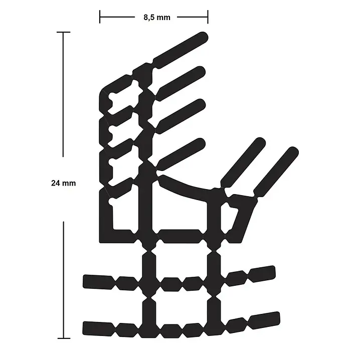 Solid Elements Universaldichtung - Schwarz, 5 m, Passend für: Stahl- und Metallzargen - Abbildung eines schwarzen, komplexen Leiterplatten-Designs mit Maßangaben für Höhe (24 mm) und Breite (8,5 mm). Detailreiche elektronische Schaltung.