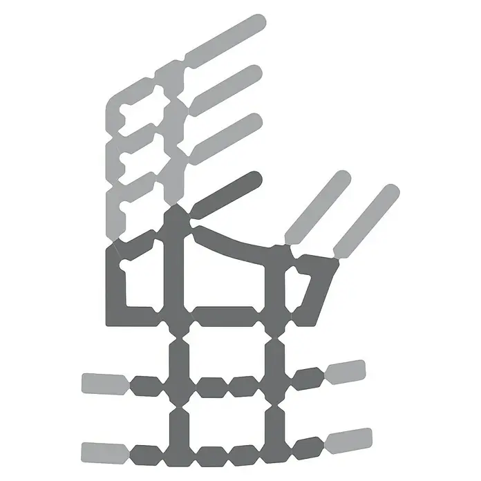 Solid Elements Universaldichtung - Grau, 5 m, Passend für: Stahl- und Metallzargen - Abstraktes Symbol mit vertikalen und horizontalen grauen Linien auf schwarzem Hintergrund, das eine moderne Fabrik oder ein Bürogebäude darstellt.