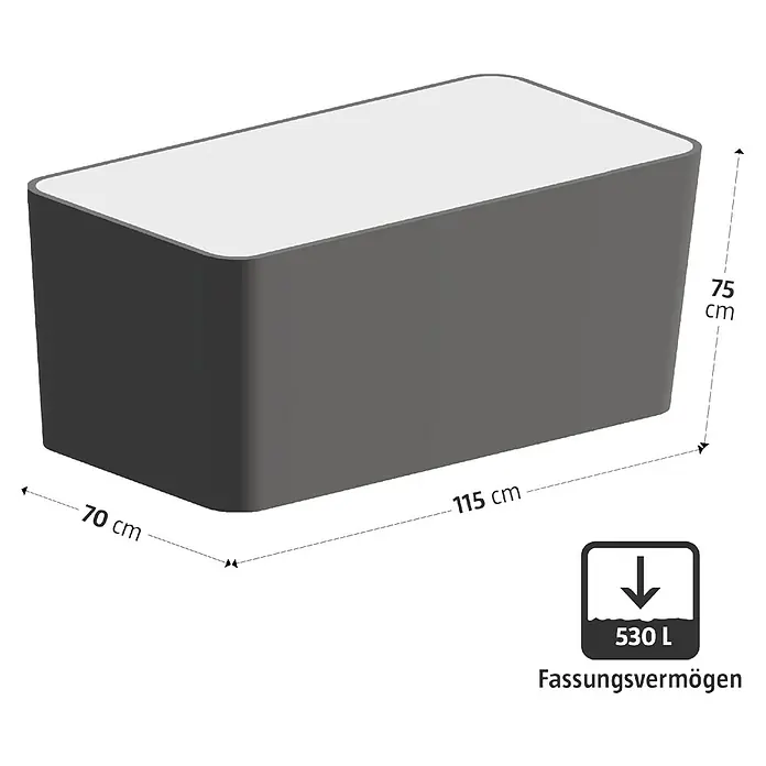 Dobar Hochbeet XL - 115 x 70 x 75 cm, Verbundwerkstoff, Silbergrau - Dunkelgrauer rechteckiger Behälter mit weißer Abdeckung und 530 L Fassungsvermögen.