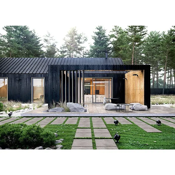 Cersanit Terrassenfliese Metropolis - 59,3 x 59,3 x 2 cm, Grey, Matt - Architektonisches Design eines modernen Hauses mit schwarzer Holzfassade, Metallverkleidung und stilvoller Außenbeleuchtung inmitten der Natur.