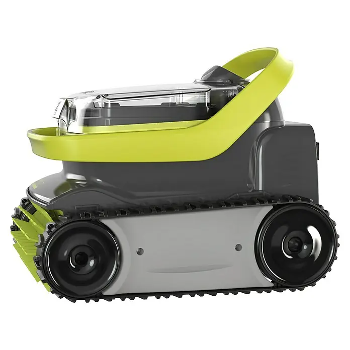 Zodiac Robot de piscina Pixcel OP3220 - A batería, Piscinas de hasta 8 x 4 m, 10 m³/h - Imagen de un robot de limpieza de piscinas. Cuenta con detalles amarillos y orugas para la movilidad. Diseñado para un mantenimiento eficiente.