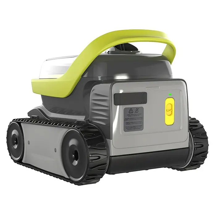Zodiac Robot de piscina Pixcel OP3220 - A batería, Piscinas de hasta 8 x 4 m, 10 m³/h - Vista trasera de un robot cortacésped gris con asa amarilla y ruedas de oruga para un corte eficiente.