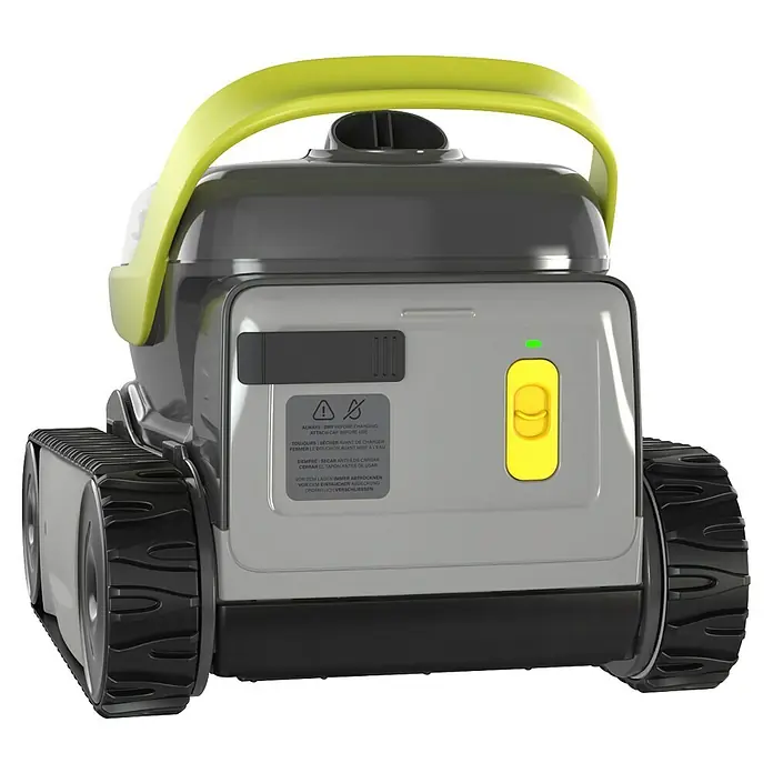 Zodiac Robot de piscina Pixcel OP3220 - A batería, Piscinas de hasta 8 x 4 m, 10 m³/h - Vista trasera de un robot de limpieza de piscinas con mango amarillo, que muestra su diseño compacto y eficiente para el mantenimiento.