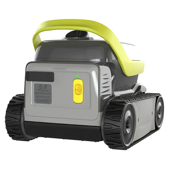 Zodiac Robot de piscina Pixcel OP3220 - A batería, Piscinas de hasta 8 x 4 m, 10 m³/h - Máquina automática de limpieza de piscinas, de color gris, equipada con un asa amarilla para su transporte.