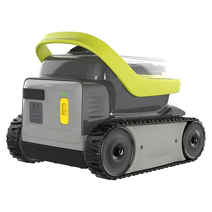 Zodiac Robot de piscina Pixcel OP3220 - A batería, Piscinas de hasta 8 x 4 m, 10 m³/h - La imagen muestra un robot limpia piscinas gris con asa amarilla y ruedas de cadena. Se encuentra sobre un fondo negro.
