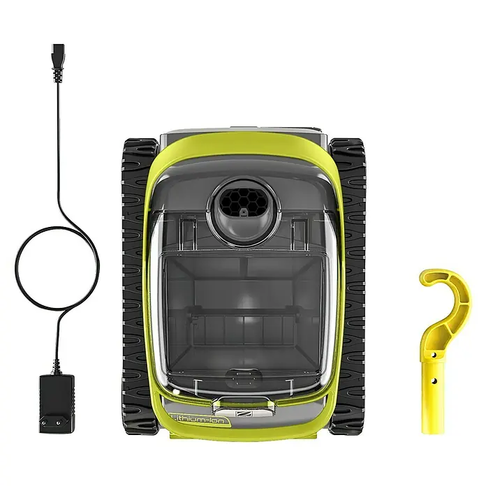 Zodiac Robot de piscina Pixcel OP3220 - A batería, Piscinas de hasta 8 x 4 m, 10 m³/h - Vista superior de un limpiafondos robótico con detalles amarillos, cable de carga y gancho amarillo.